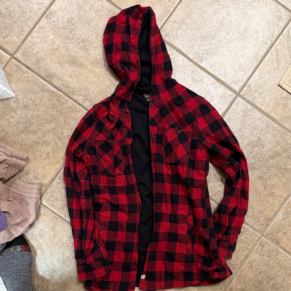 Red and Black Plaid Hooded Jacket